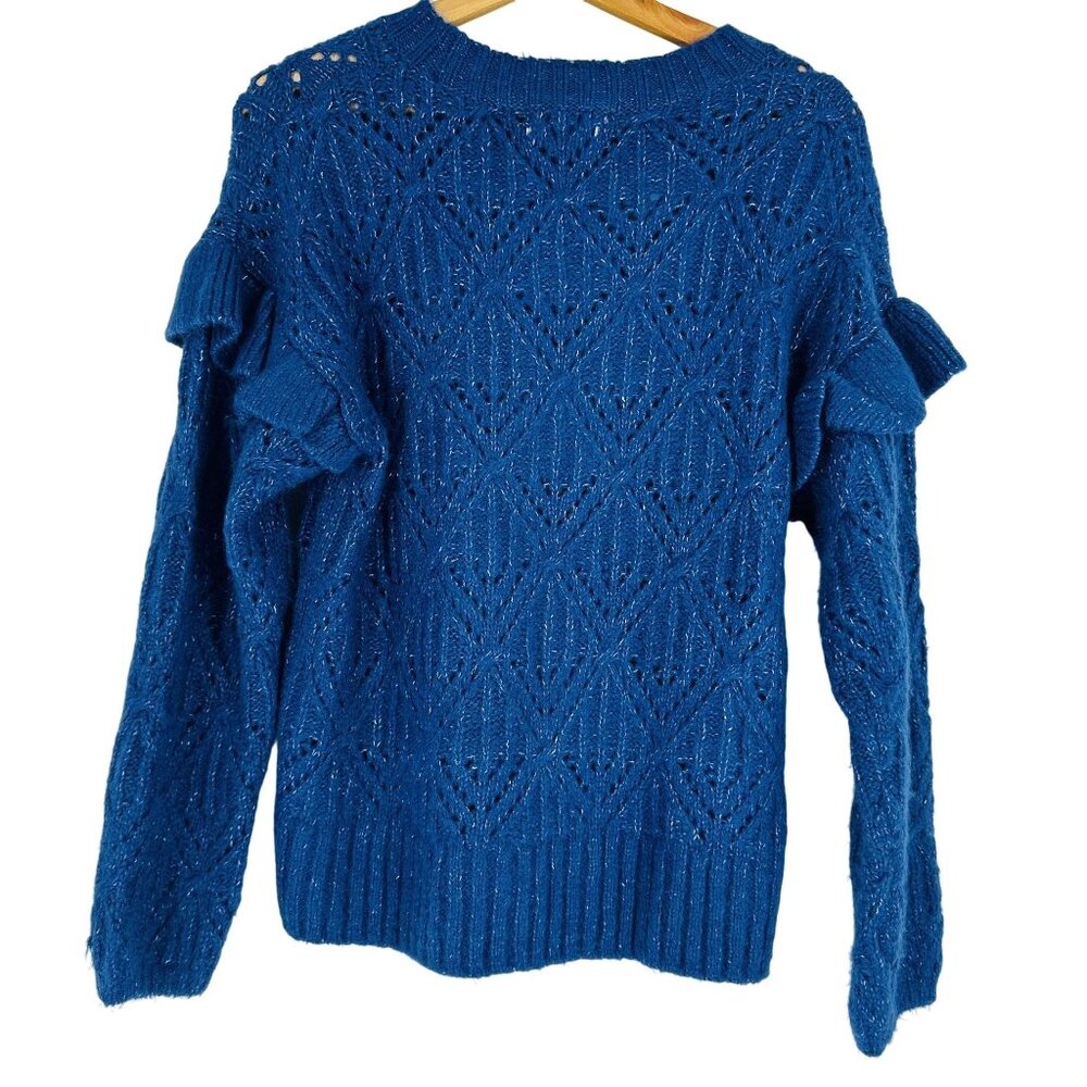 Old Navy Blue Knit Pointelle Ruffle Trim Crew Neck Long Sleeve Sweater Size S - Picture 3 of 6